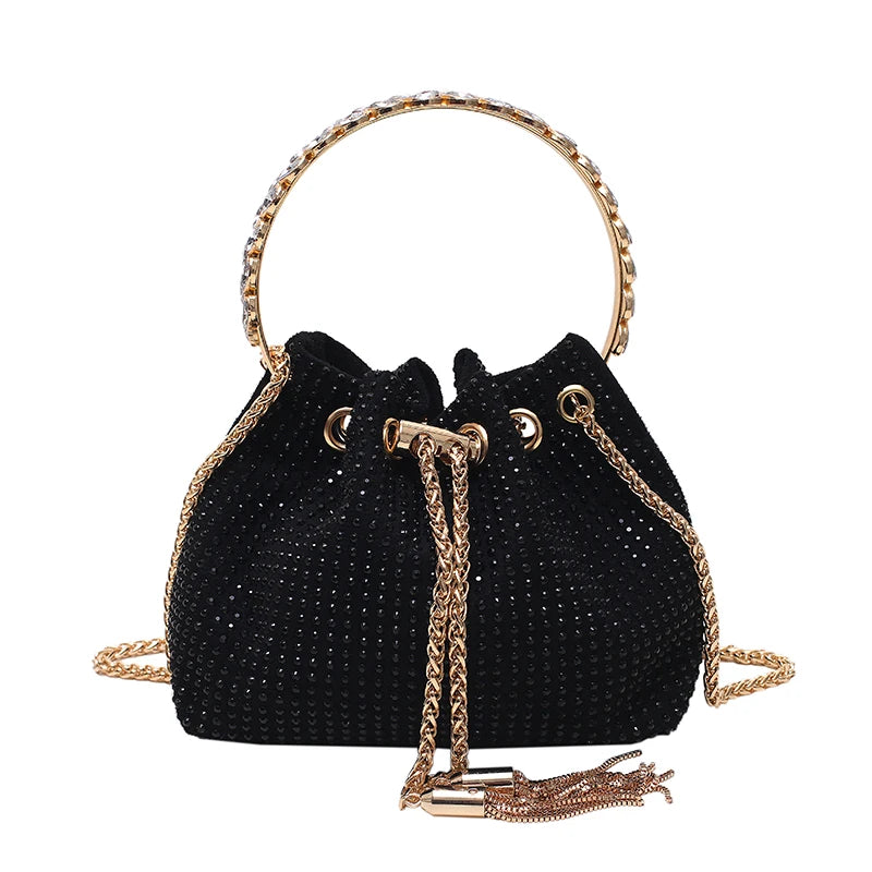 Vintage Rhinestone Bucket Handbag Purses Women Shoulder Crossbody Bag