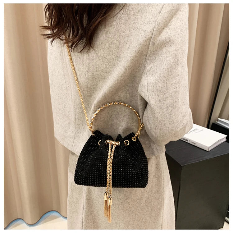 Vintage Rhinestone Bucket Handbag Purses Women Shoulder Crossbody Bag