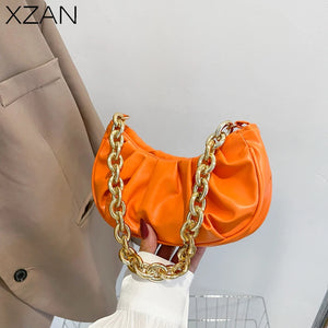 Vintage Women PU Handbags Solid Folds Chain Square Shoulder Office Lady Bag