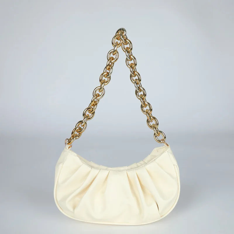 Vintage Women PU Handbags Solid Folds Chain Square Shoulder Office Lady Bag