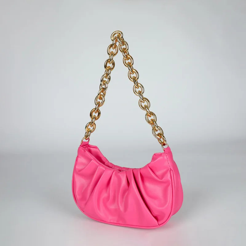 Vintage Women PU Handbags Solid Folds Chain Square Shoulder Office Lady Bag