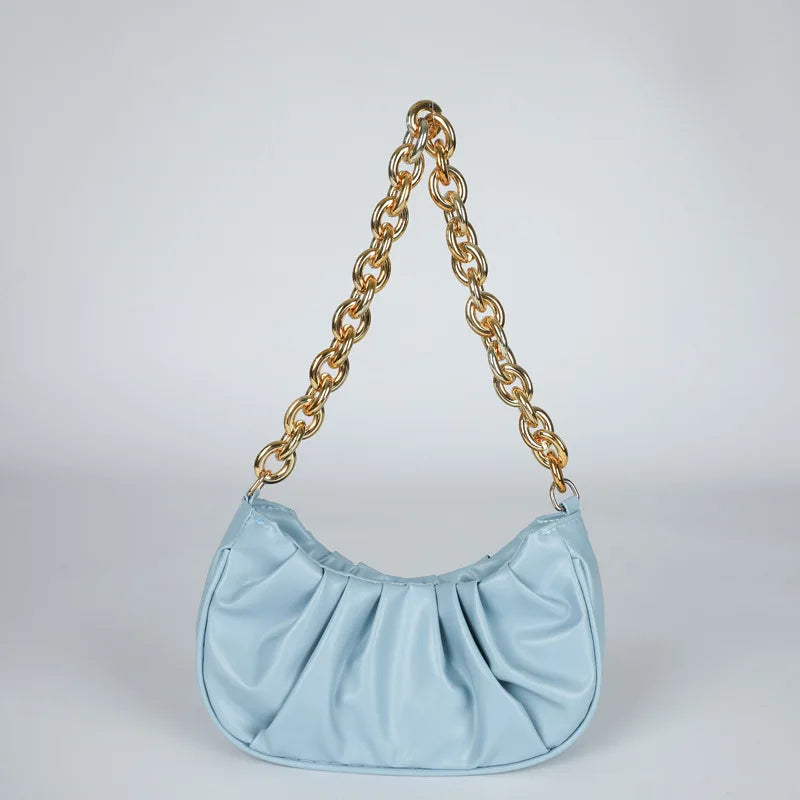 Vintage Women PU Handbags Solid Folds Chain Square Shoulder Office Lady Bag