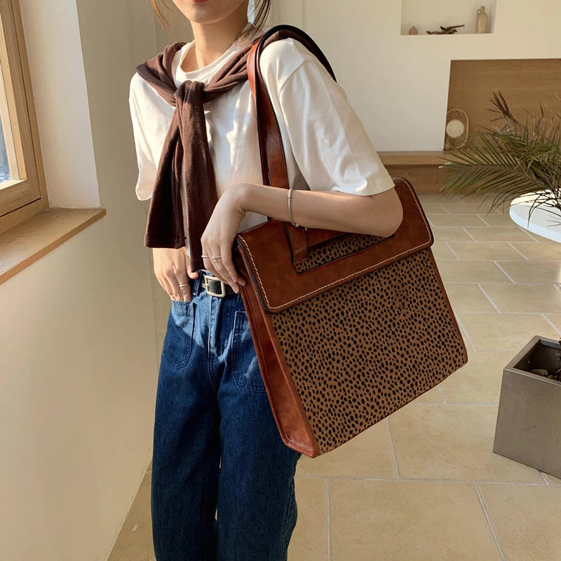 Vintage Leopard Print Underarm Bag Women Large Capacity Ladies Shoulder Bag