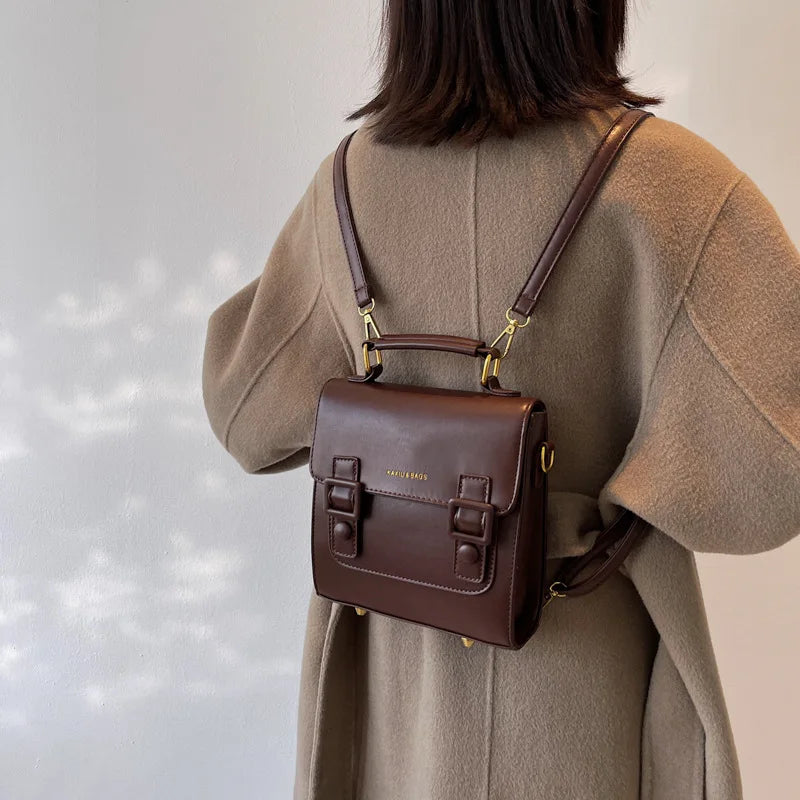 Vintage Brown Small Backpacks For Women Flap Small Square Bag Business Travel