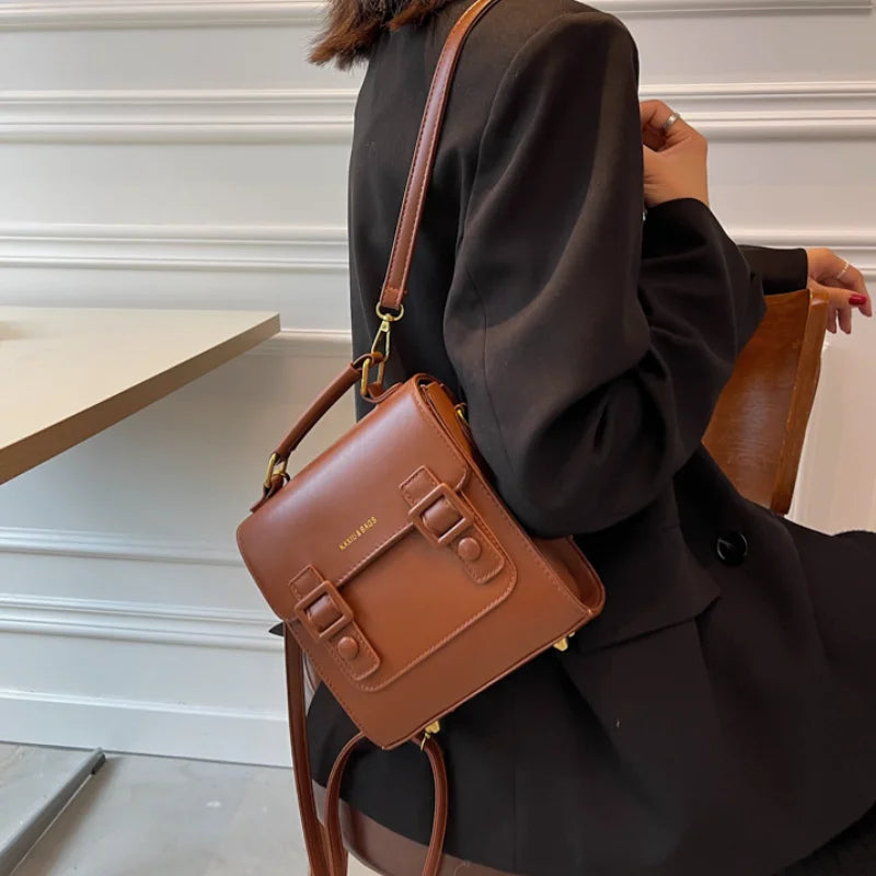 Vintage Brown Small Backpacks For Women Flap Small Square Bag Business Travel