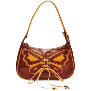 Vintage Butterfly Drawstring Handbags PU Leather Ladies Brown Underarm Bag