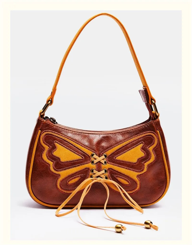 Vintage Butterfly Drawstring Handbags PU Leather Ladies Brown Underarm Bag