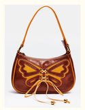 Vintage Butterfly Drawstring Handbags PU Leather Ladies Brown Underarm Bag