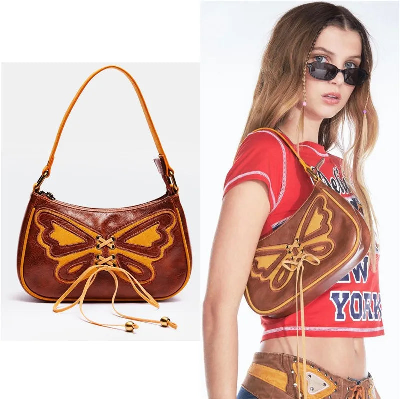 Vintage Butterfly Drawstring Handbags PU Leather Ladies Brown Underarm Bag
