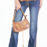Vintage Butterfly Drawstring Handbags PU Leather Ladies Brown Underarm Bag