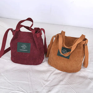 Vintage Canvas Corduroy Shoulder Bag Solid Buckle Handbag Bucket Cloth Bag