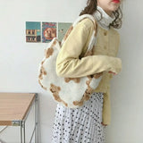 Vintage Cartoon Prints Women Soft Plush Handbag Lamb Wool Tote Capacity