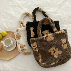 Vintage Cartoon Prints Women Soft Plush Handbag Lamb Wool Tote Capacity