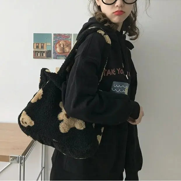 Vintage Cartoon Prints Women Soft Plush Handbag Lamb Wool Tote Capacity