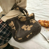 Vintage Cartoon Prints Women Soft Plush Handbag Lamb Wool Tote Capacity