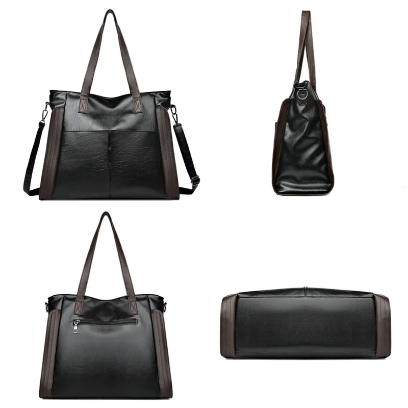 Vintage Casual Style Big Shoulder Bags for Women PU Leather Solid Tote Handbags