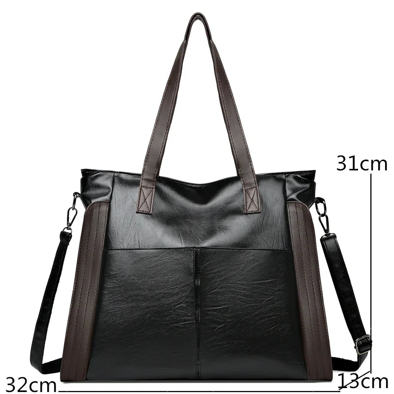 Vintage Casual Style Big Shoulder Bags for Women PU Leather Solid Tote Handbags