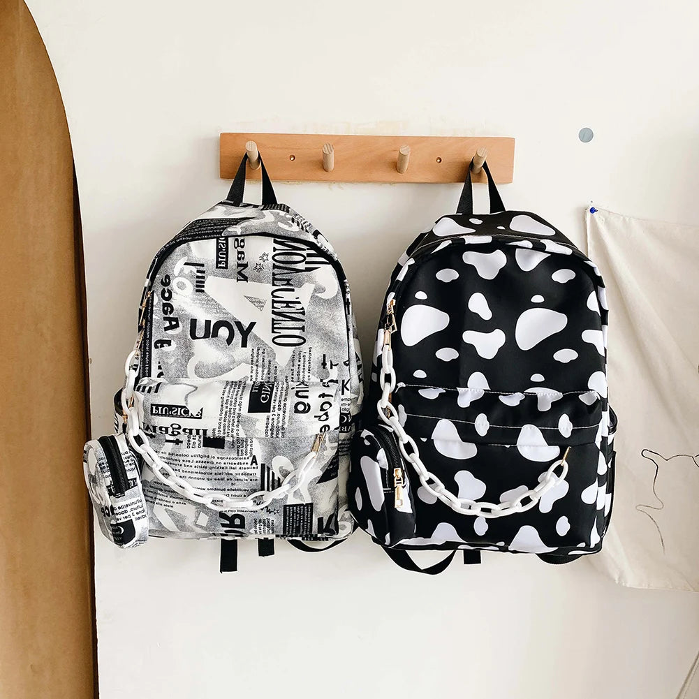 Vintage Nylon Backpack Cow Pattern School Bags Girls Daily Travel Knapsack
