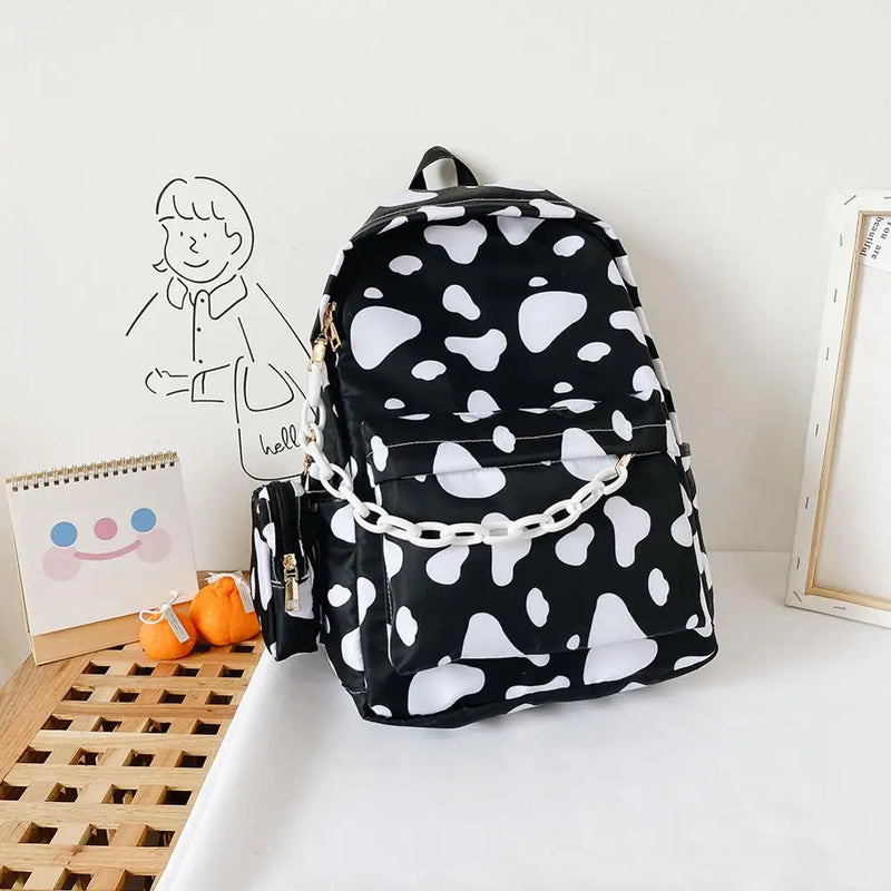Vintage Nylon Backpack Cow Pattern School Bags Girls Daily Travel Knapsack