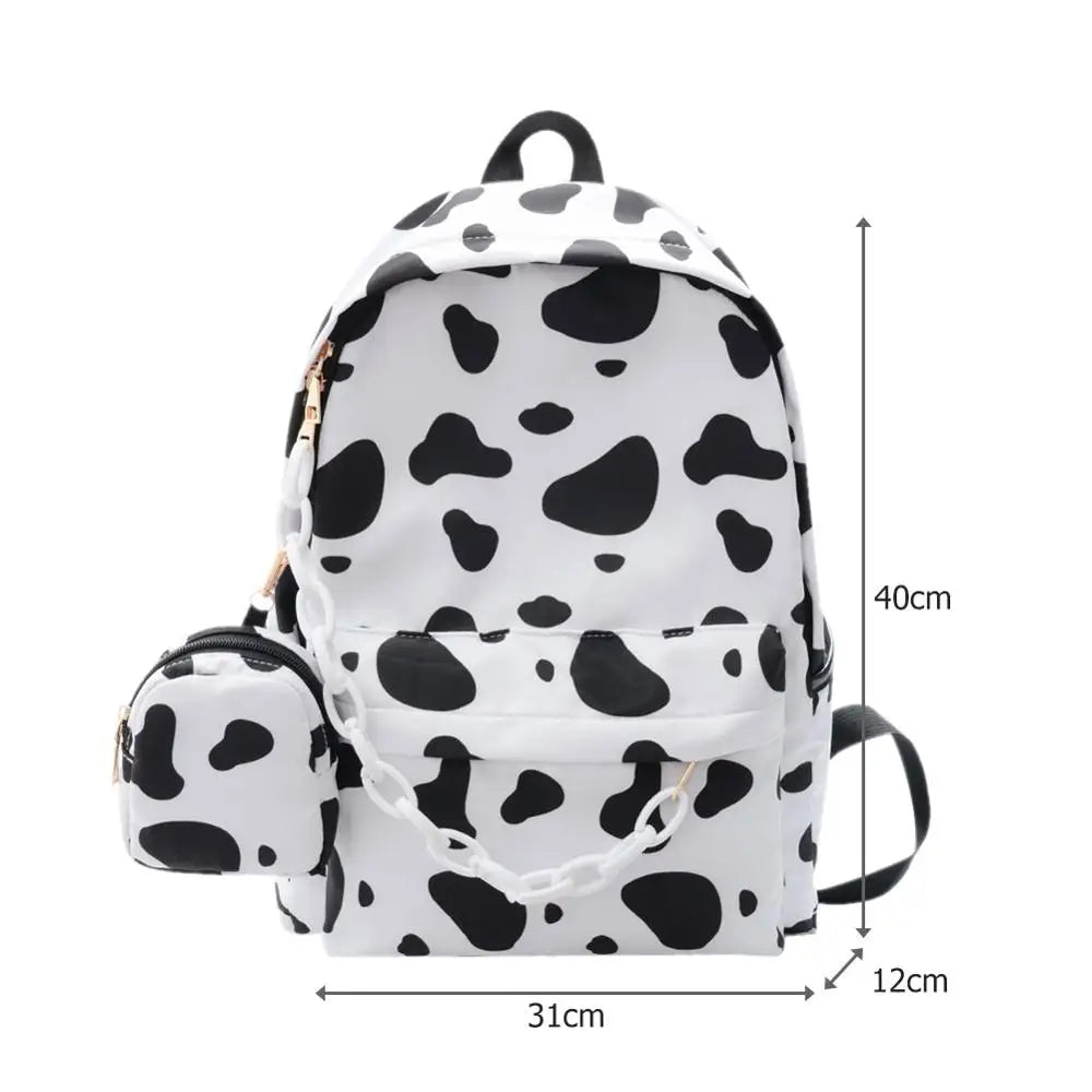 Vintage Nylon Backpack Cow Pattern School Bags Girls Daily Travel Knapsack