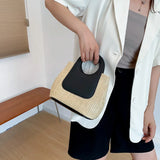 Vintage Patchwork Straw Braided Bag Large Capacity Purses Bag