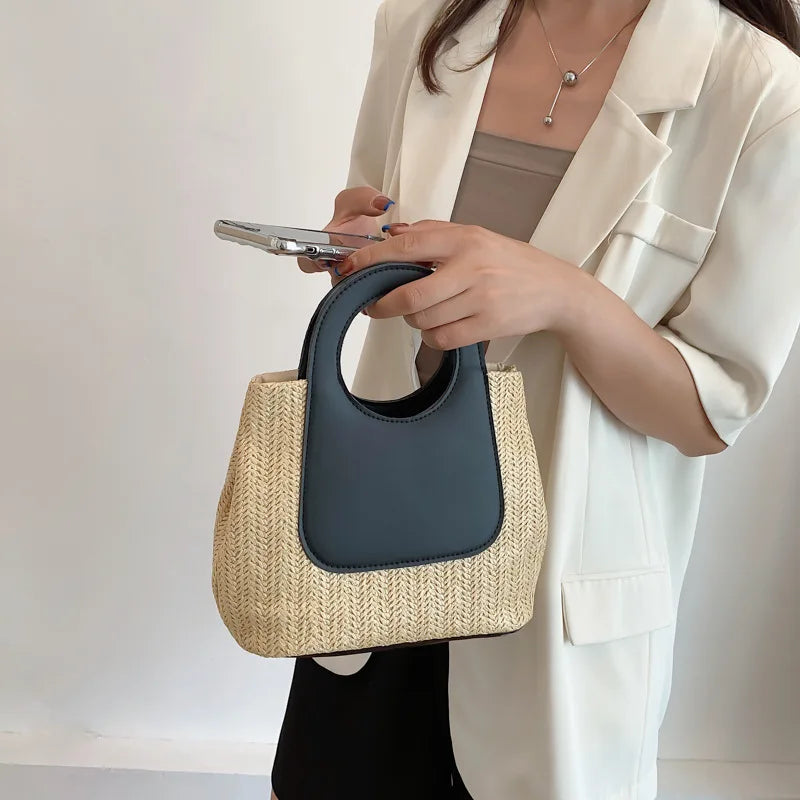 Vintage Patchwork Straw Braided Bag Large Capacity Purses Bag