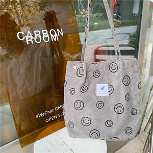 Vintage Corduroy Shoulder Bag Smiley Face Dot Print Shopper Bags
