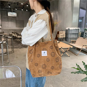 Vintage Corduroy Shoulder Bag Smiley Face Dot Print Shopper Bags