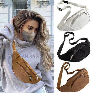 Vintage Corduroy Waist Bag for Women Zipper Chest Bag Female Banana Bag