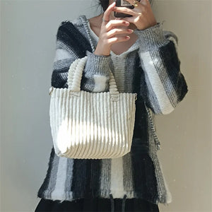 Vintage Corduroy Bucket Shoulder Bag Vertical Stripes Crossbody