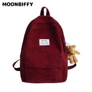 Vintage Corduroy Women Backpack Solid High School College Students Book Bag Fema