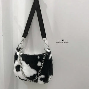 Vintage Cow Pattern Faux Fur Armpit Bag for Women