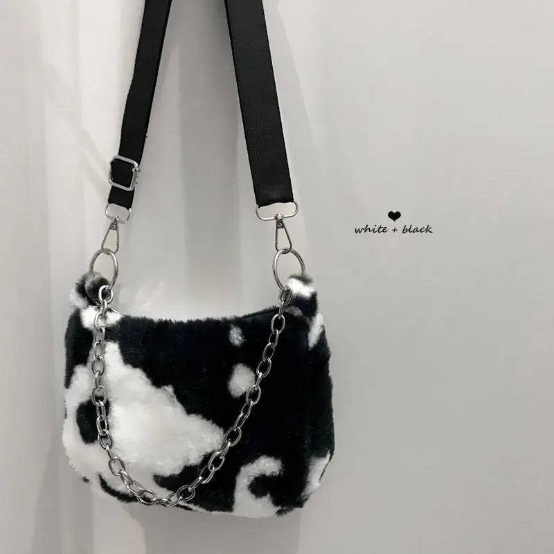 Vintage Cow Pattern Faux Fur Armpit Bag for Women