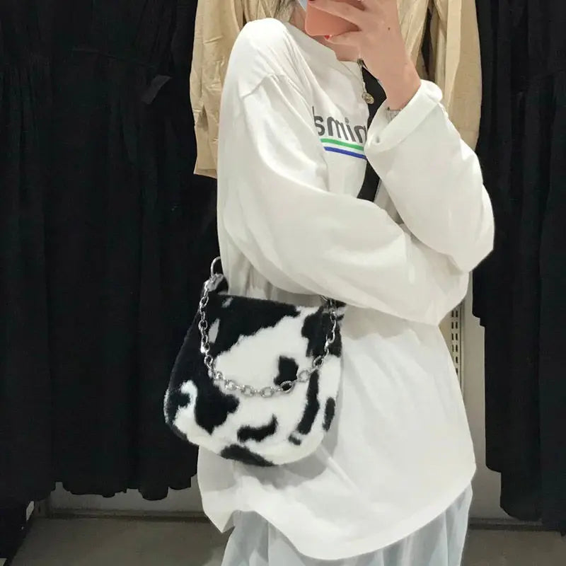 Vintage Cow Pattern Faux Fur Armpit Bag for Women
