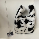 Vintage Cow Pattern Women Handbags Winter Student Small Shoulder Bags