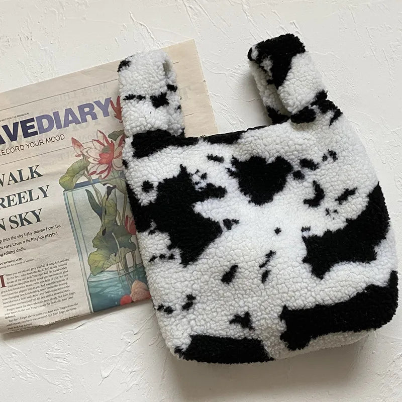 Vintage Cow Pattern Women Handbags Winter Student Small Shoulder Bags