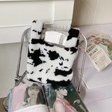Vintage Cow Pattern Women Handbags Winter Student Small Shoulder Bags