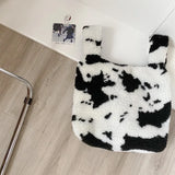 Vintage Cow Pattern Women Handbags Winter Student Small Shoulder Bags