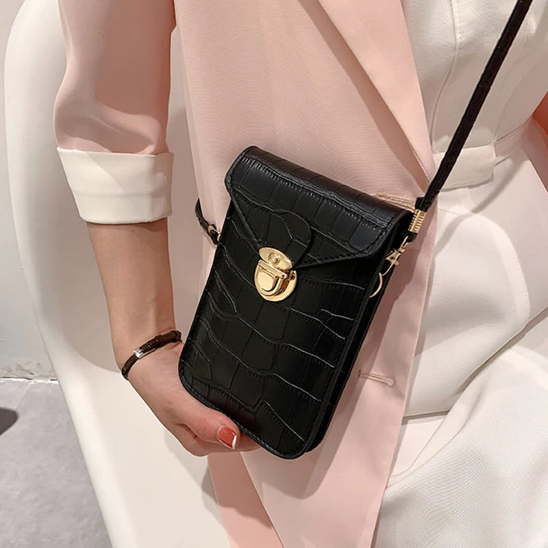 Vintage Croc Grain Crossbody Cell Phone Shoulder Bags Women Messenger Solid