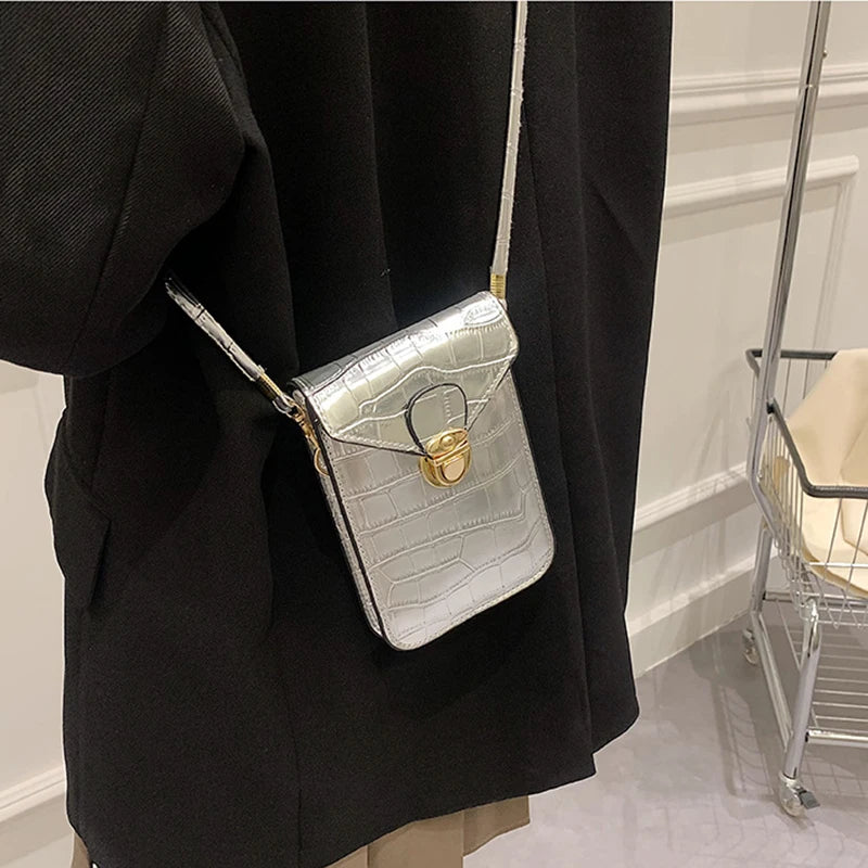 Vintage Croc Grain Crossbody Cell Phone Shoulder Bags Women Messenger Solid