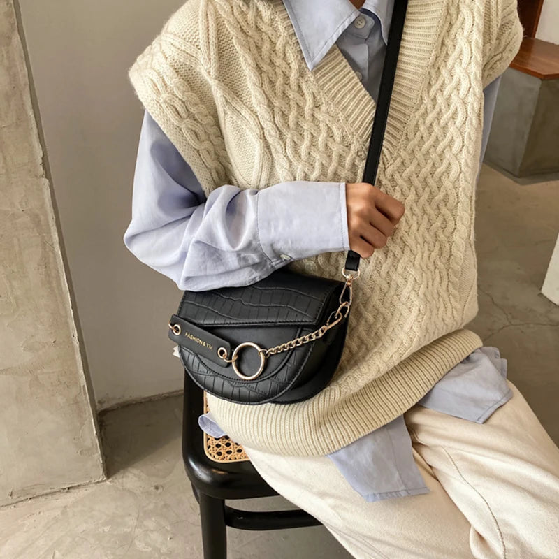 Vintage Crocodile Pattern Shoulder Saddle Bag