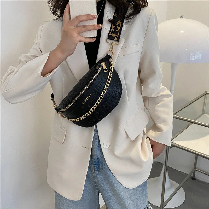 Crocodile Pattern PU Fanny Pack Women Chain Waist Bag Female