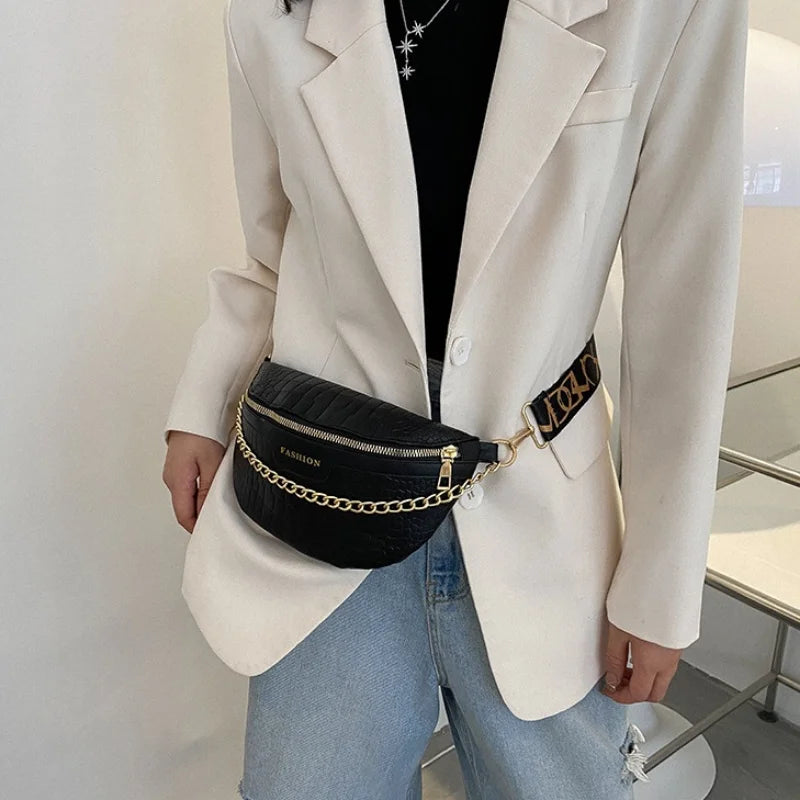 Crocodile Pattern PU Fanny Pack Women Chain Waist Bag Female
