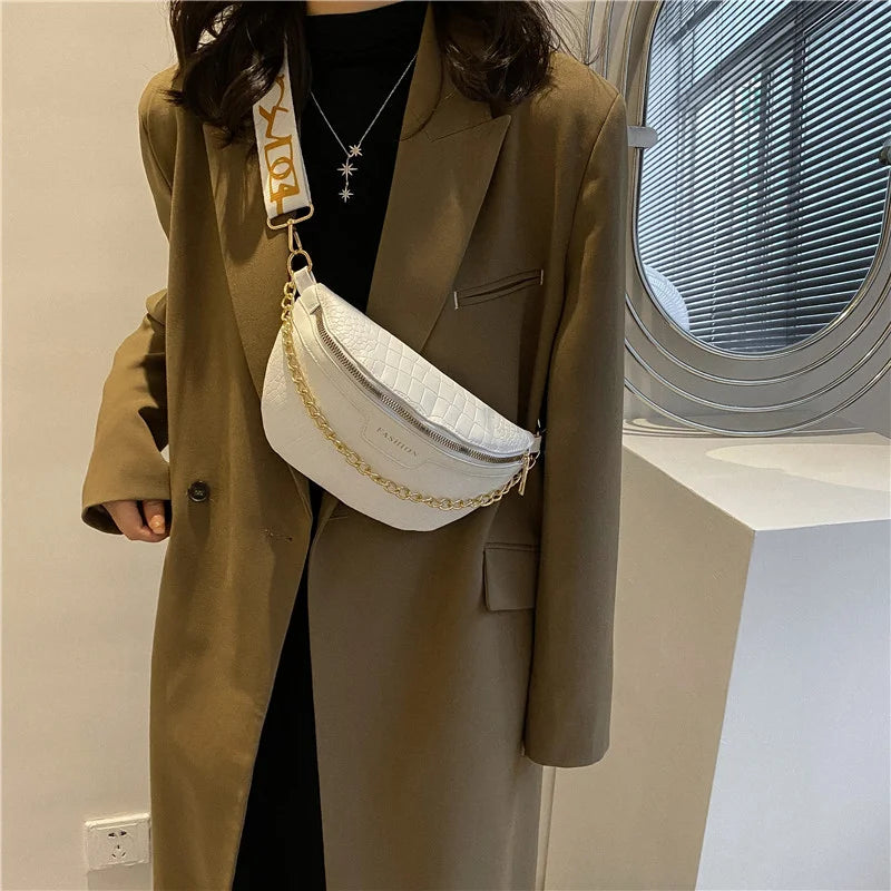 Crocodile Pattern PU Fanny Pack Women Chain Waist Bag Female