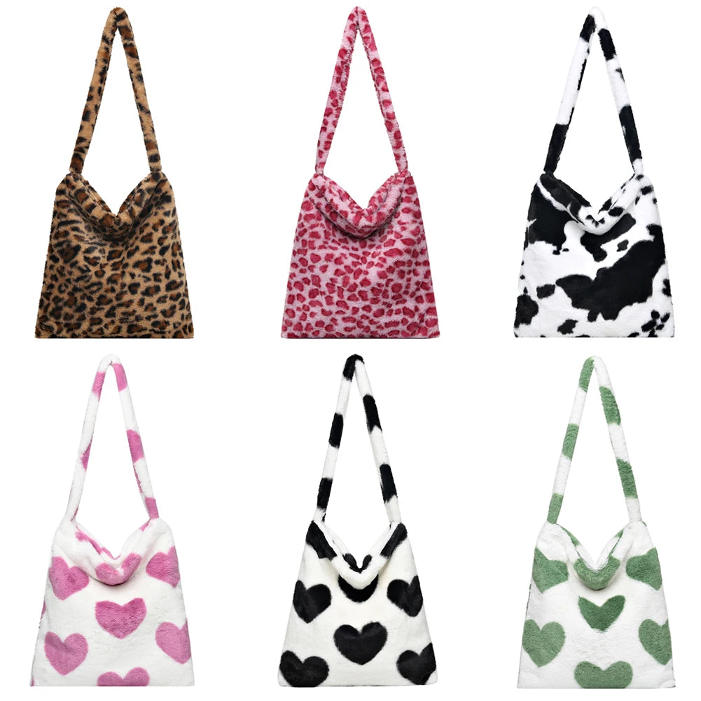 Vintage Plush Crossbody Bag Love Leopard Large Capacity