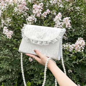 Vintage Lace Pearl Crossbody Bag Women Small Square Shoulder Purse Handbag