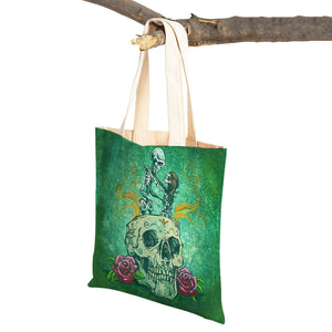 Vintage of the Dead Women Shopping Shoulder Bag Reusable Cartoon Skull Flower