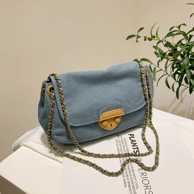 Vintage Denim Shoulder Bag Crossbody Chain Handbag Flap Messenger Solid Sac