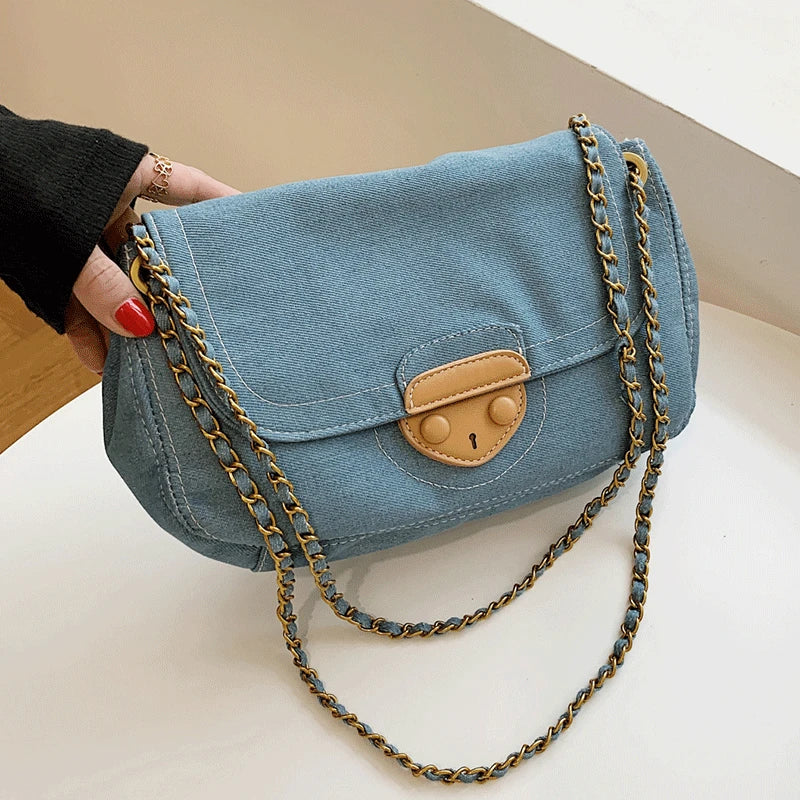Vintage Denim Shoulder Bag Crossbody Chain Handbag Flap Messenger Solid Sac
