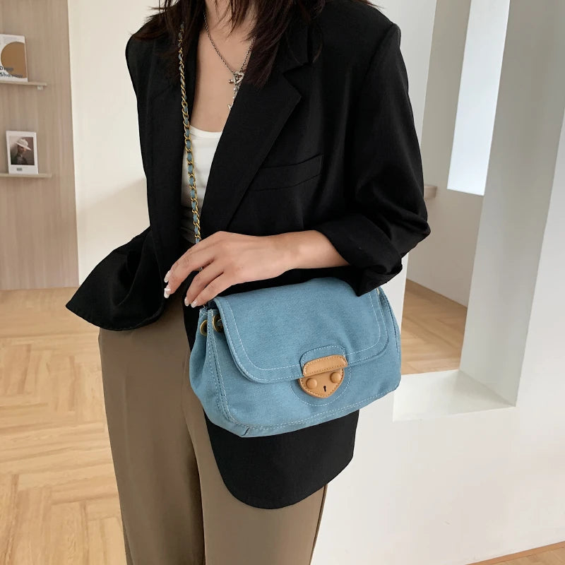 Vintage Denim Shoulder Bag Crossbody Chain Handbag Flap Messenger Solid Sac